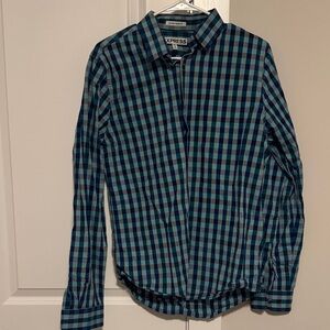 Express Men's Blue and Black Checkered Shirt